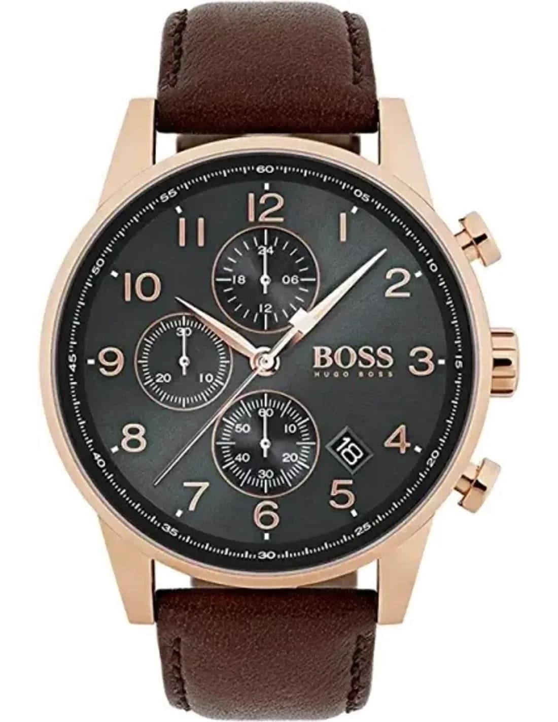 Montre Homme Hugo Boss 1513496 Navigator Chronographe Acier Or Rose Cadran Gris Cuir Marron