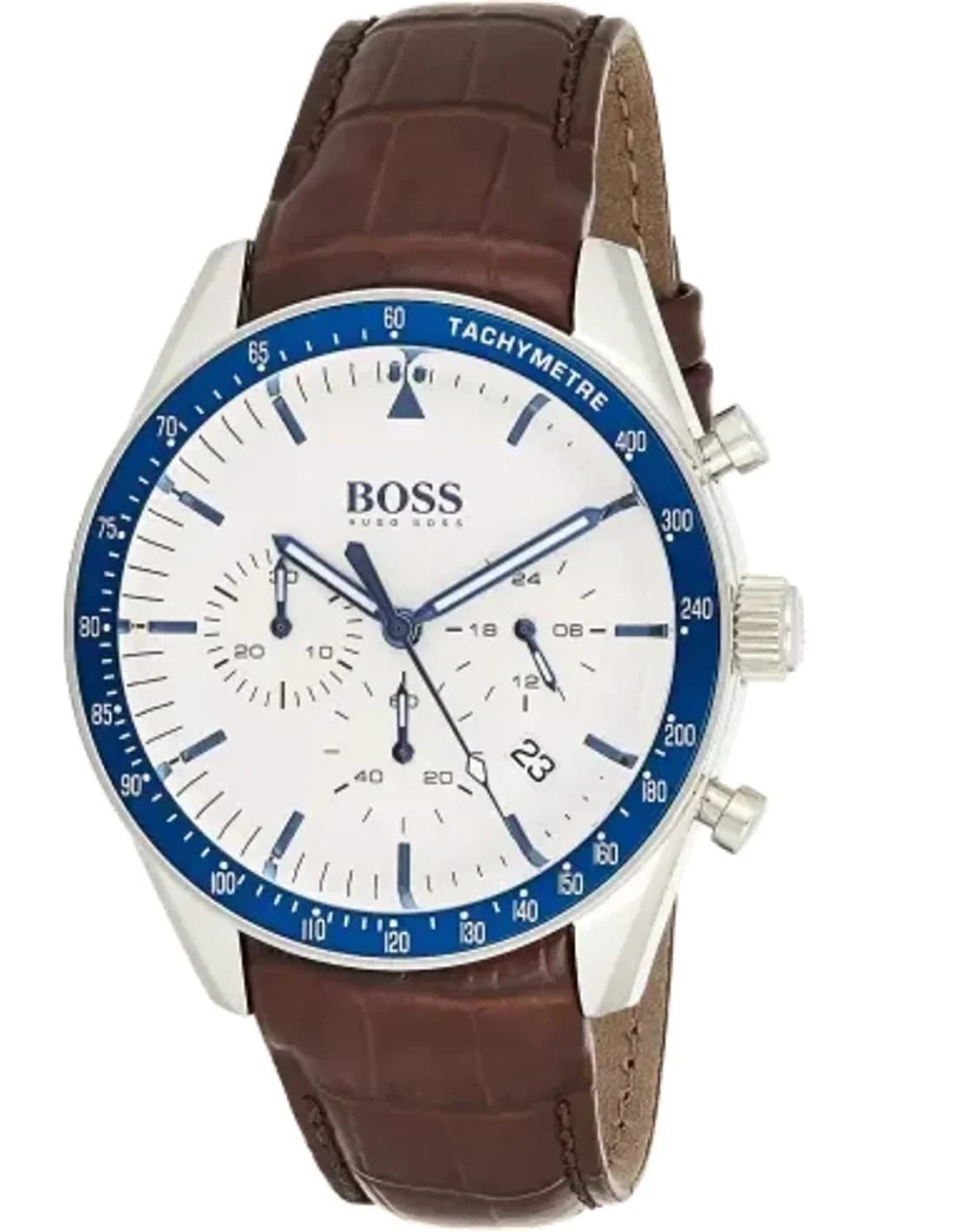 Montre Homme Hugo Boss Trophy 1513629 - Cadran Blanc Acier, Bracelet Cuir Marron