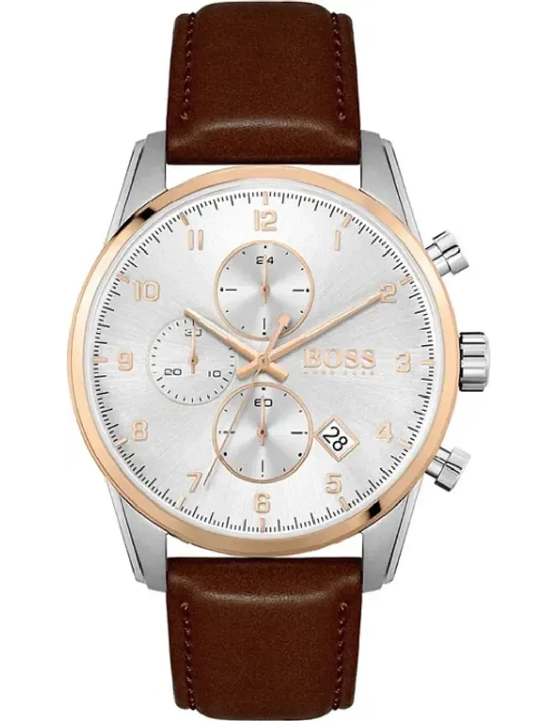 Montre Homme Hugo Boss Skymaster 1513786, Cadran Argent, Bracelet Cuir Marron