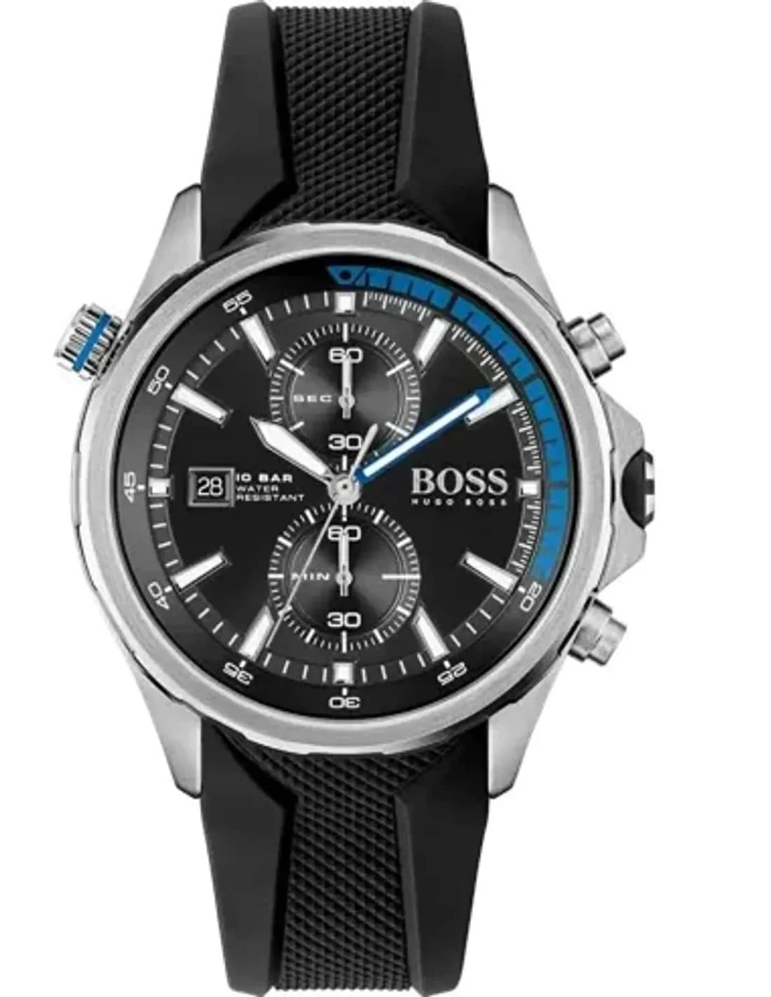 Montre Homme Hugo Boss Globetrotter Marine 1513820 Chronographe Cadran Noir Bracelet Silicone