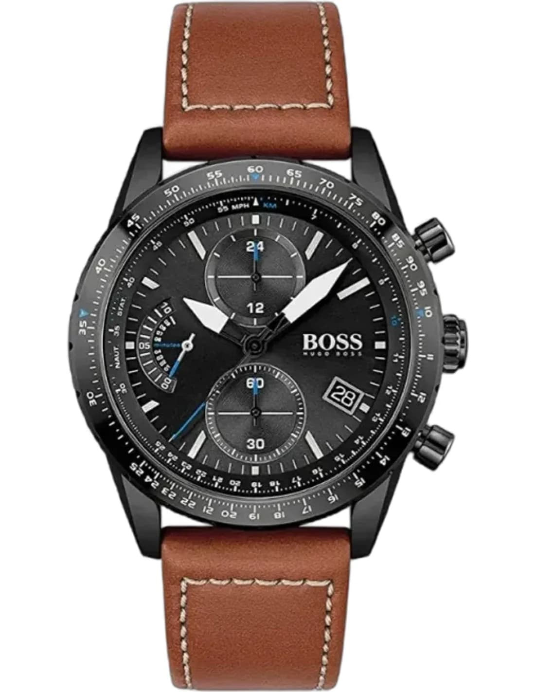 Montre Homme Hugo Boss Pilot Edition 1513851 Chronographe Cadran Noir Bracelet Cuir Marron