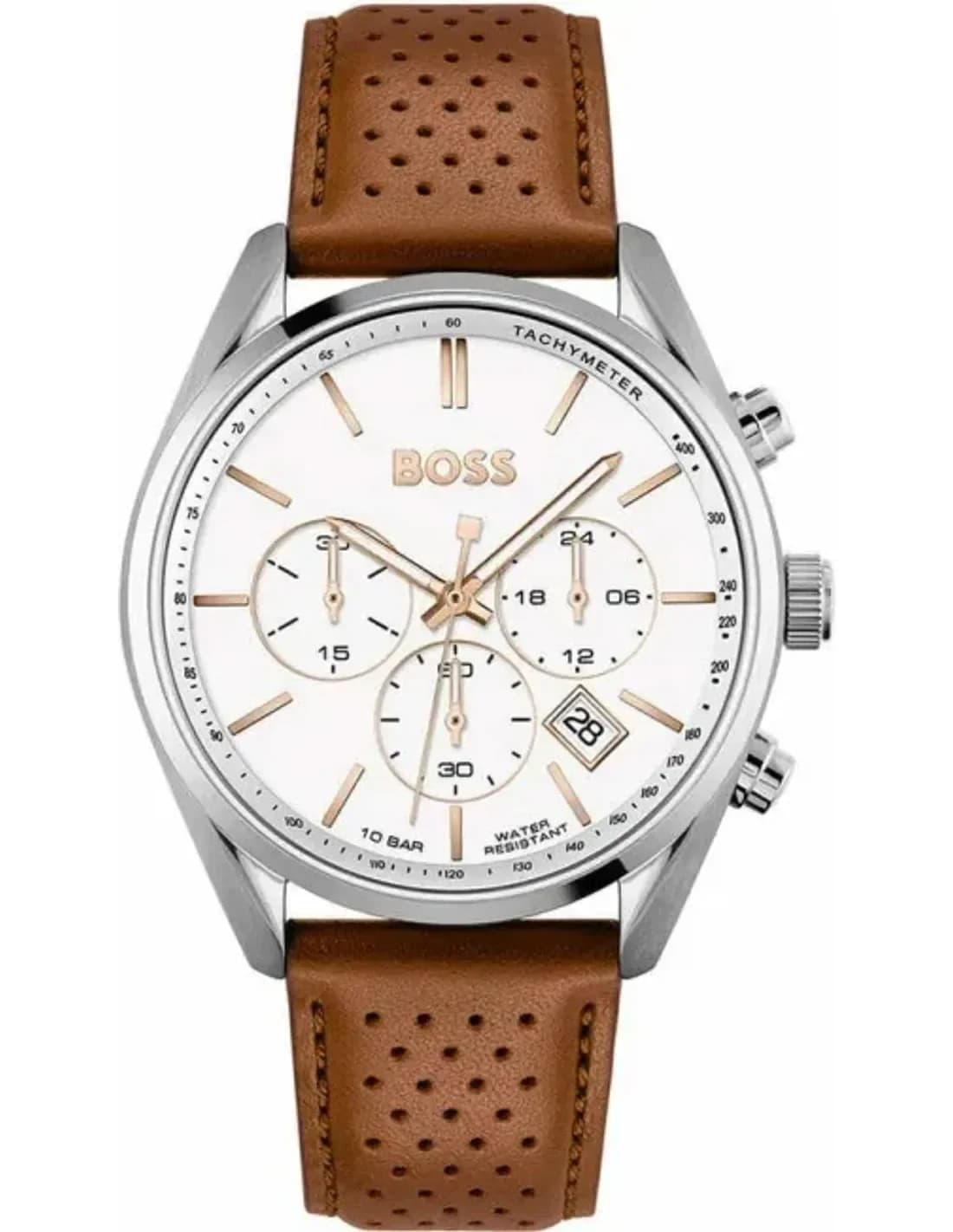 Montre Homme Hugo Boss Champion 1513879, boîtier acier 44mm, cadran blanc, bracelet cuir perforé marron