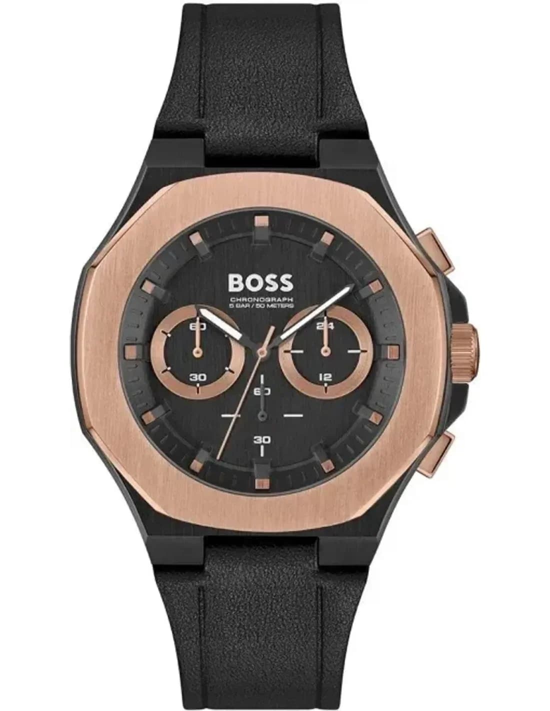 Montre Hugo Boss 1514089 Homme - Chronographe Quartz Acier Noir & Or Rose, Cadran 44mm, Bracelet Cuir Noir