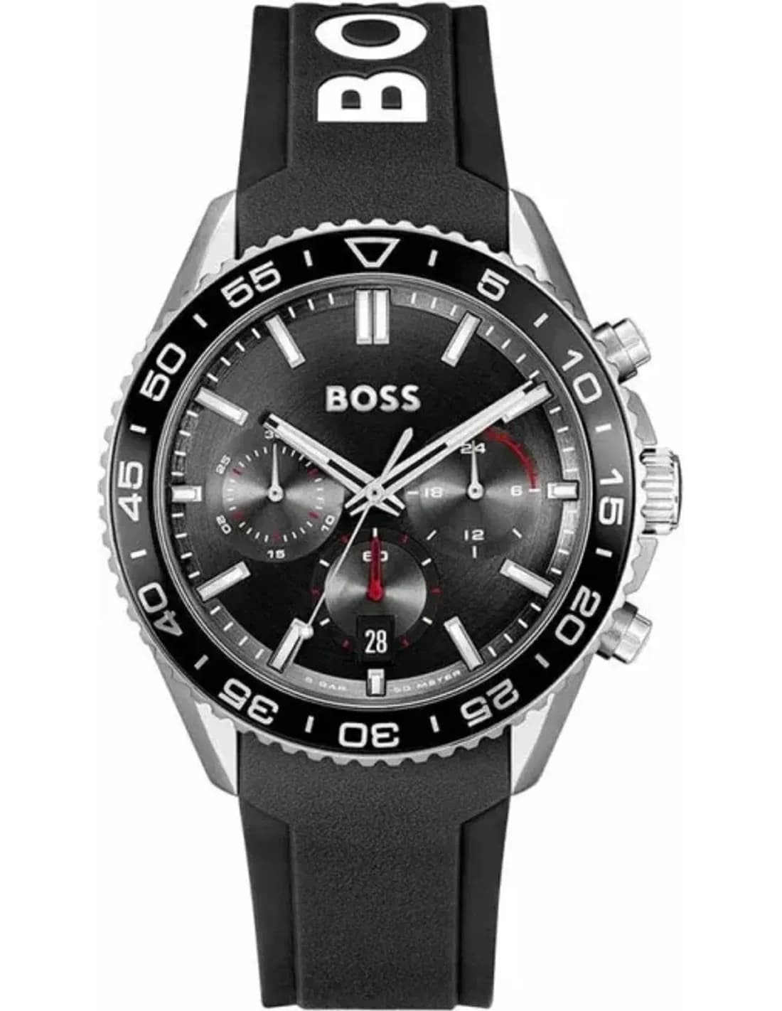 Montre Homme Hugo Boss Runner 1514141 - Boîtier Bicolore, Cadran Noir Multifonctions, Bracelet Silicone Noir