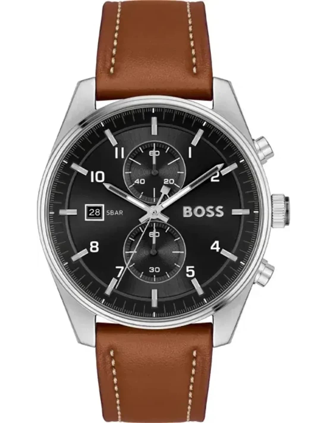Montre Homme Hugo Boss 1514161 Skytraveller Chronographe Cadran Noir Acier Cuir Marron
