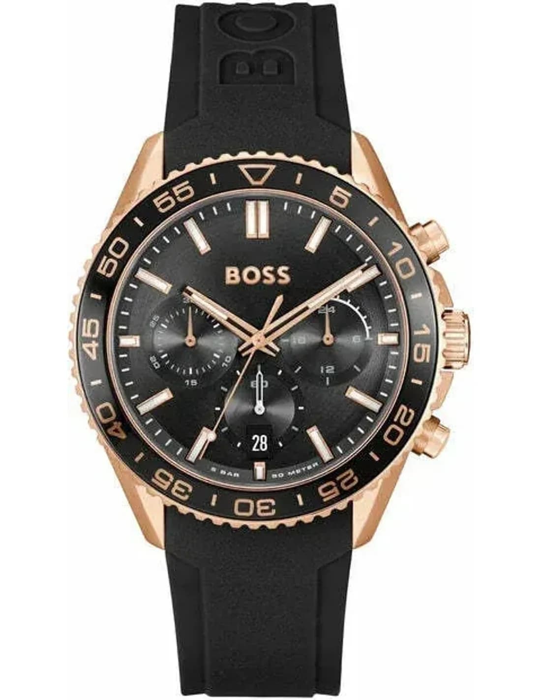 Montre Homme Hugo Boss Runner 1514168 - Boîtier Bicolore Silicone/Or Rose, Cadran Noir Multifonctions, Bracelet Silicone Noir