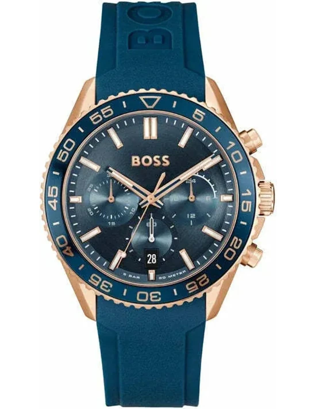 Montre Homme Hugo Boss Runner 1514169 - Boîtier bicolore Silicone/doré rose, cadran et bracelet bleu