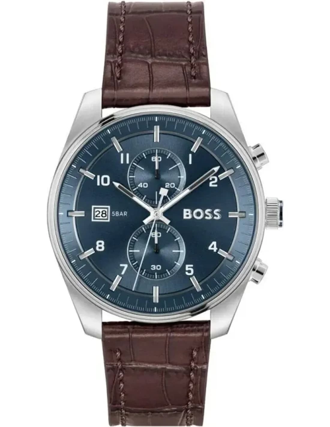 Montre Homme Hugo Boss 1514194 Skytraveller Chronographe Cadran Bleu Acier Bracelet Cuir Marron