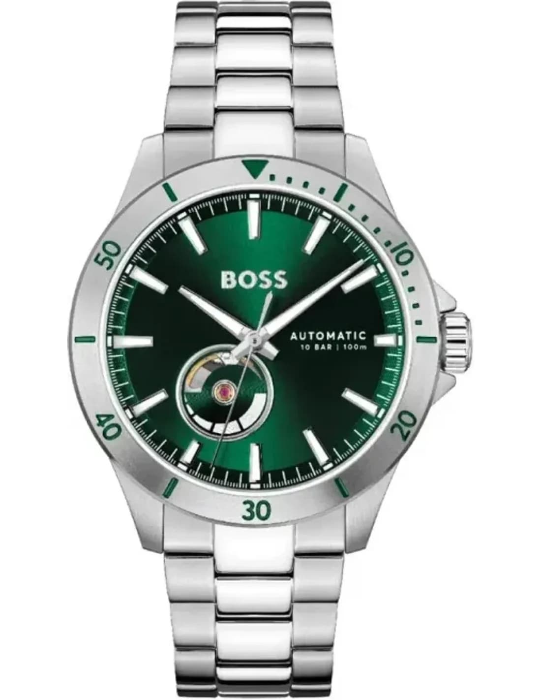 Montre Homme Hugo Boss Troper Automatique 1514200 - Cadran Vert, Boîtier et Bracelet Acier Argenté