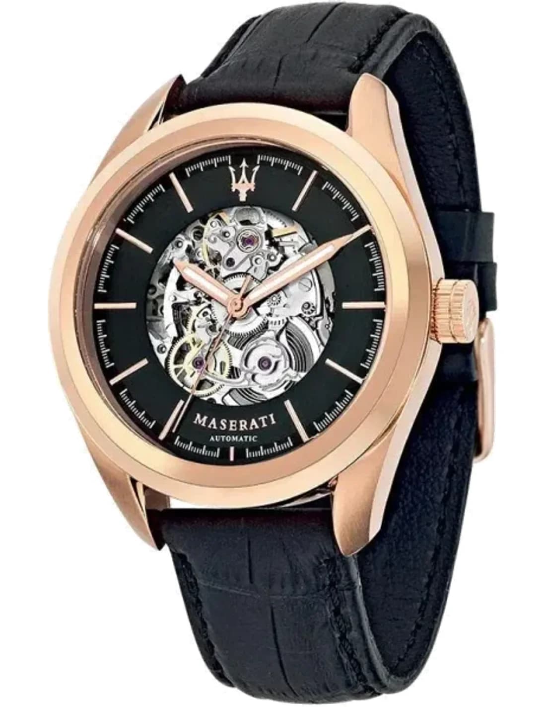 Montre Homme Maserati Traguardo R8821112001, boîtier or rose, cadran squelette noir, bracelet cuir