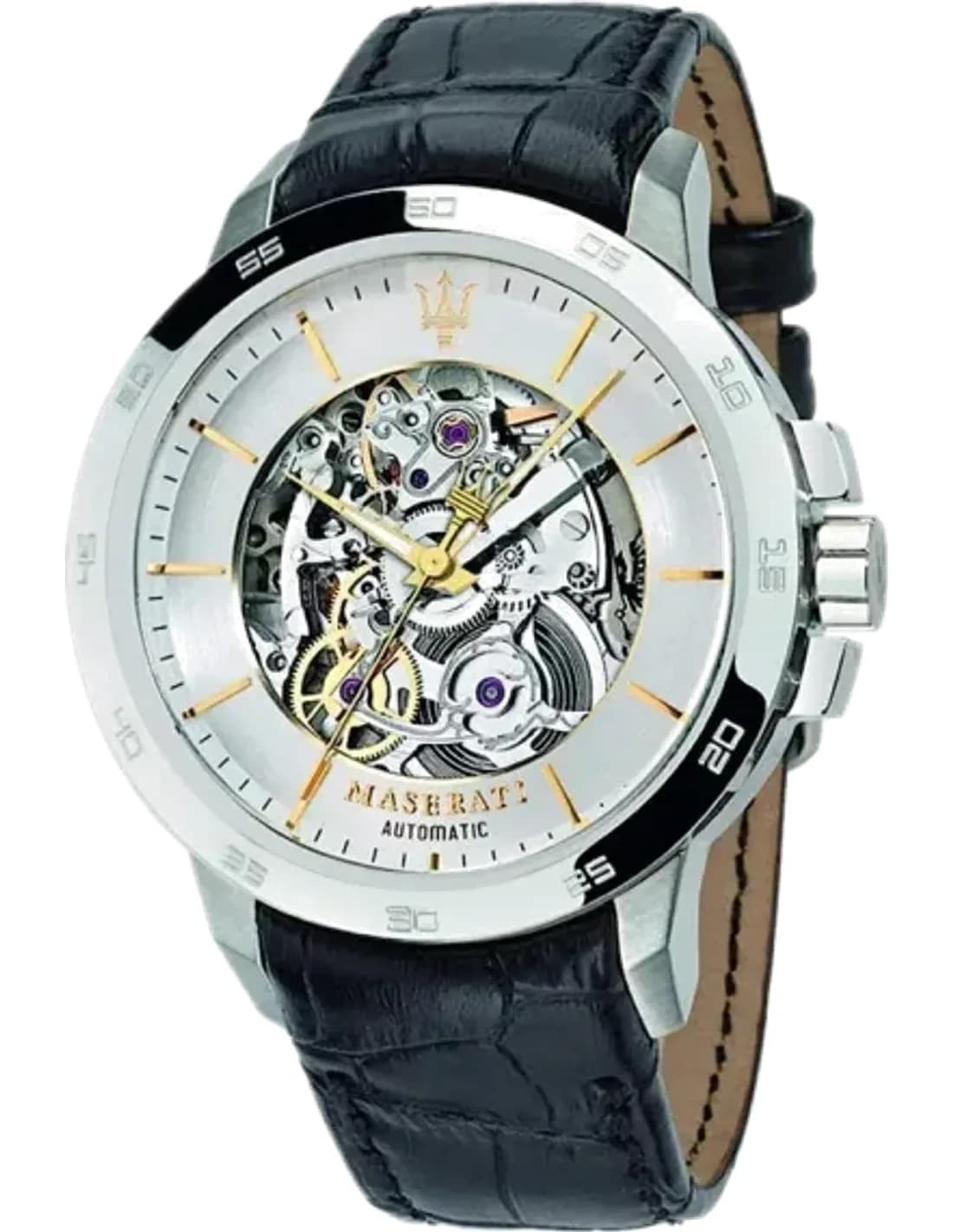Montre Homme Maserati Ingegno Automatique Squelette R8821119002 - Cadran Argenté, Boîtier Argent, Bracelet Cuir Noir