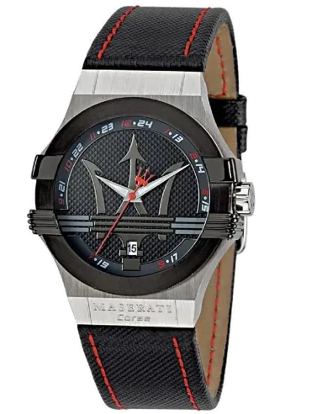 Montre Homme Maserati Potenza R8851108001 - Cadran Noir, Bracelet Cuir Noir Surpiqûres Rouges
