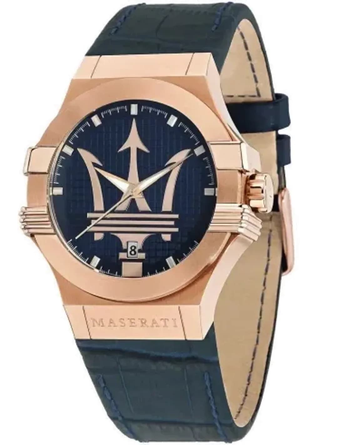 Montre Homme Maserati Potenza R8851108027, Cadran Noir, Boîtier Or Rose, Bracelet Cuir Bleu