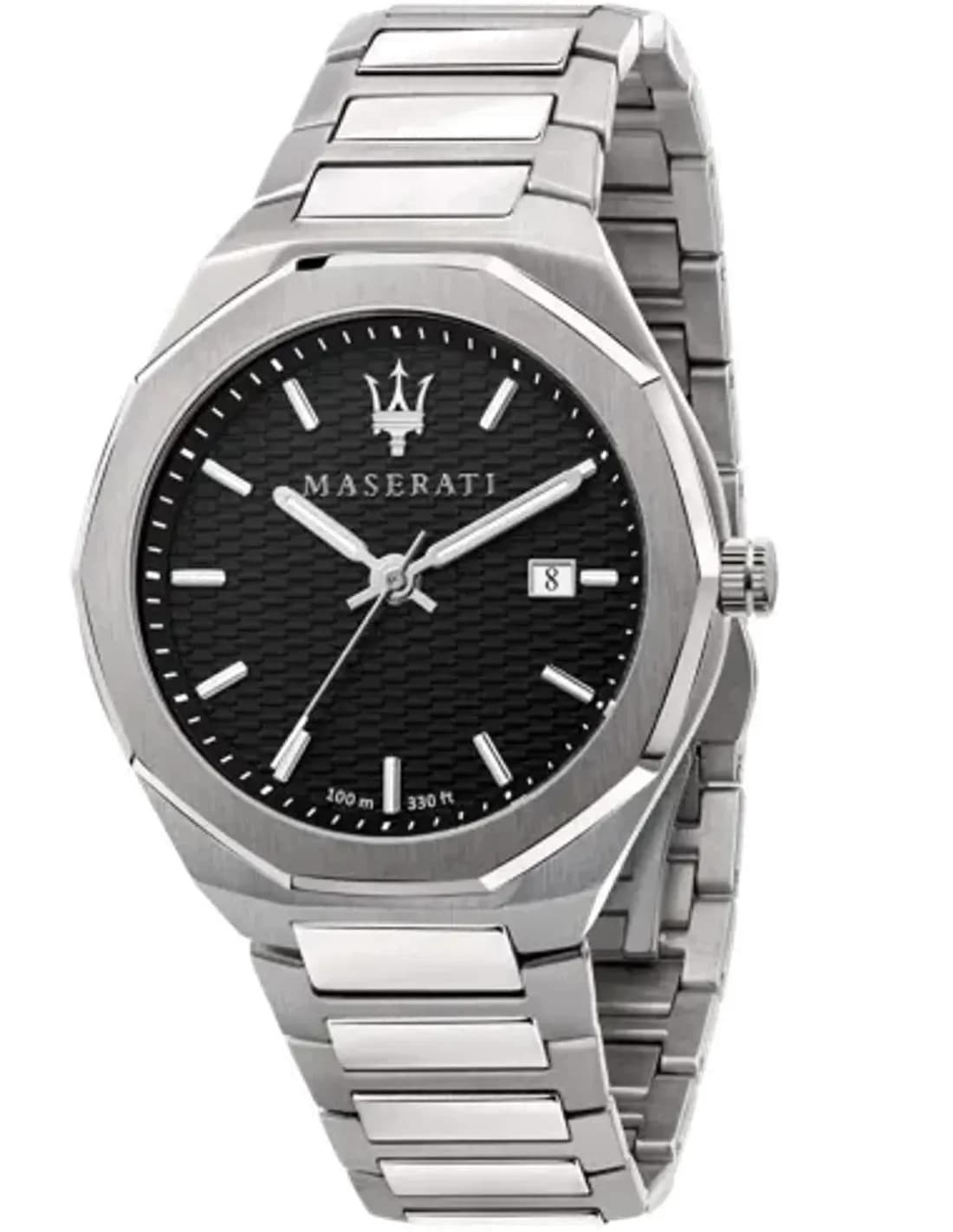 Montre Homme Maserati Stile R8853142003, boîtier et bracelet acier inoxydable argent, cadran noir