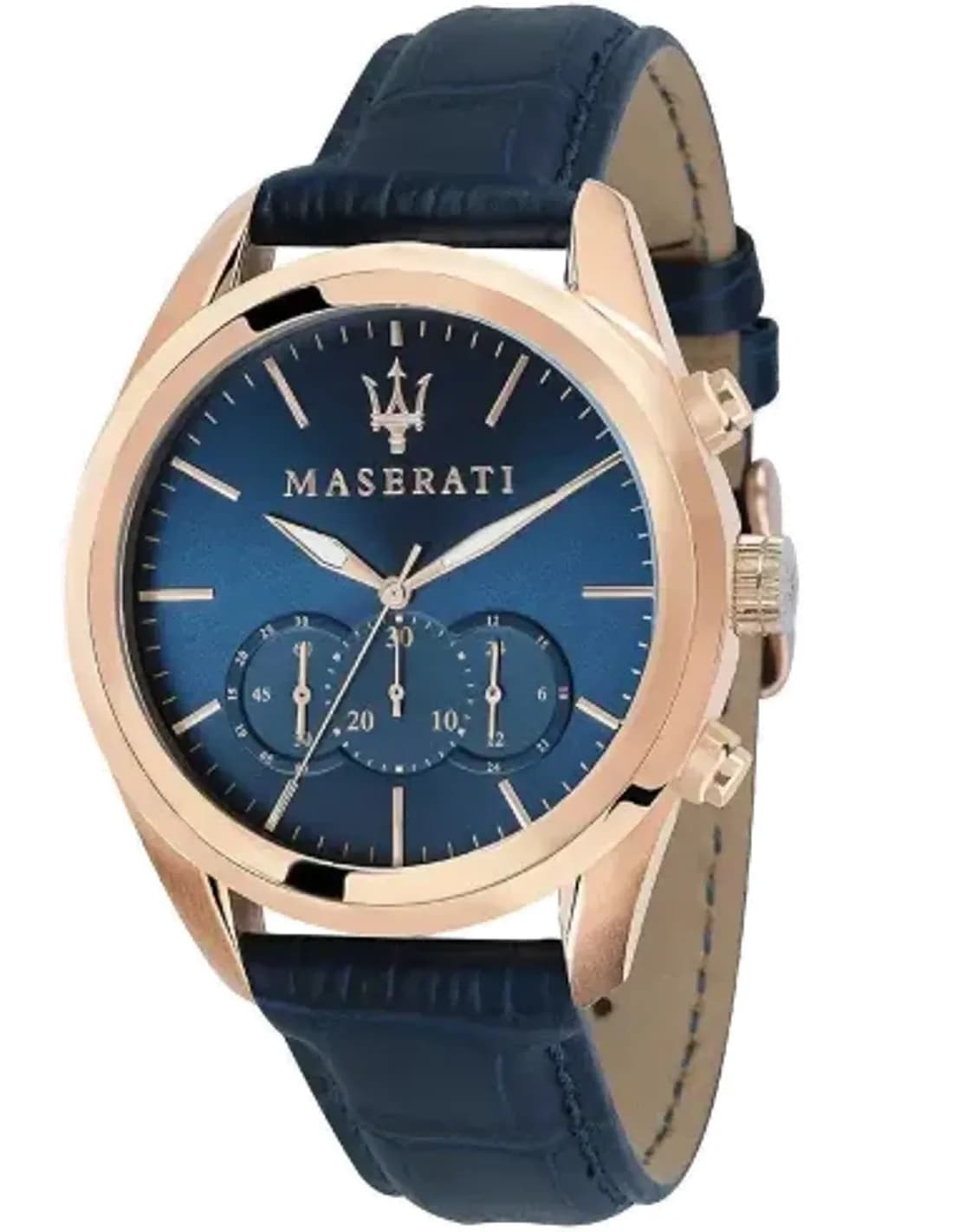 Montre Homme Maserati Traguardo R8871612015 - Boîtier Acier Or Rose, Cadran et Bracelet Cuir Bleu