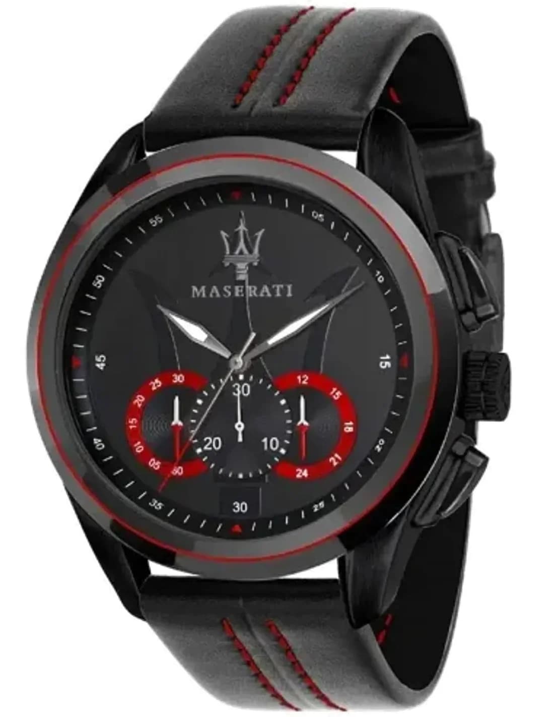 Montre Homme Maserati Traguardo R8871612023 Cadran Noir Boîtier Acier Bracelet Cuir Noir Surpiqûres Rouges