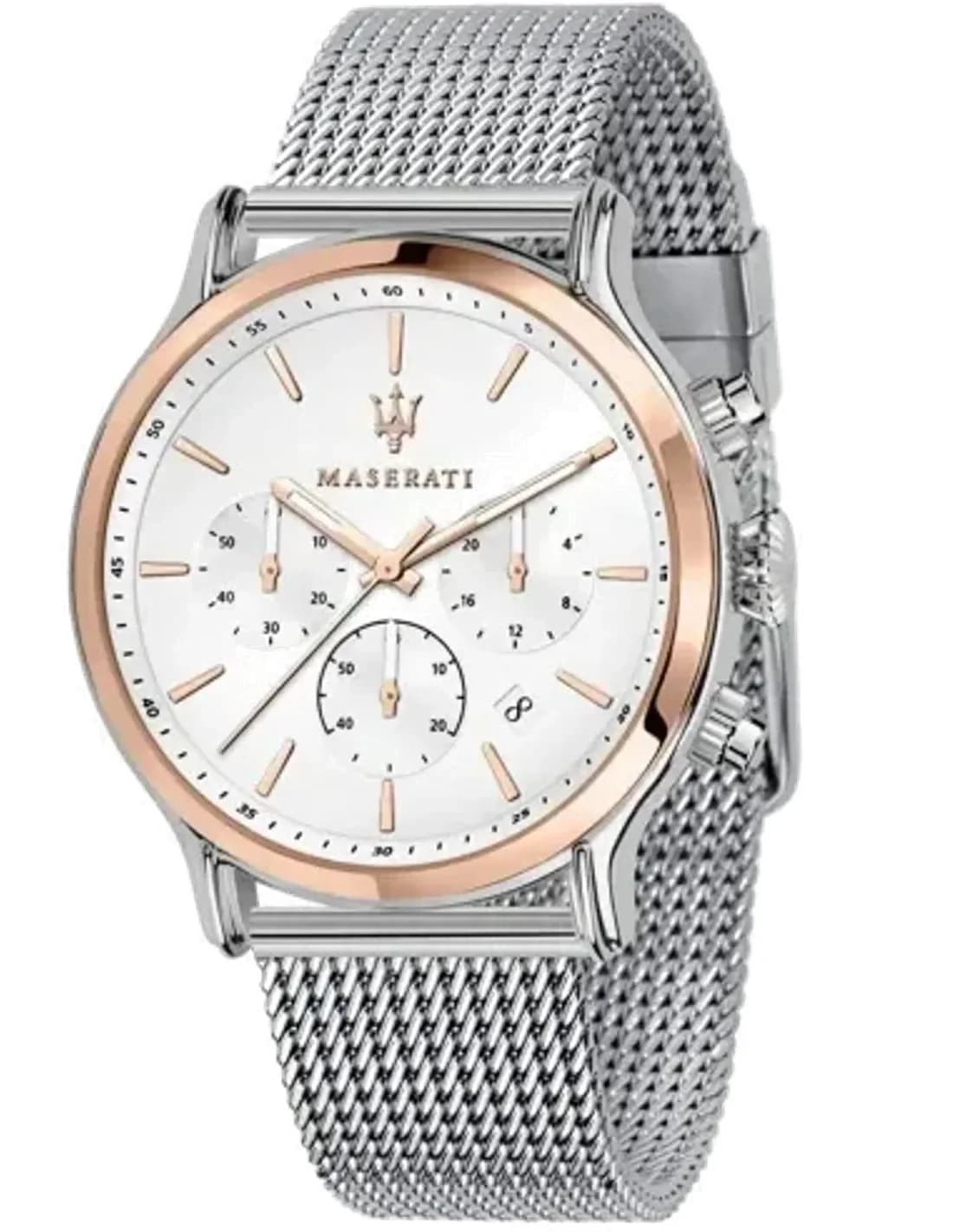 Montre Homme Maserati Epoca R8873618009, cadran argent et or rose, bracelet maille milanaise