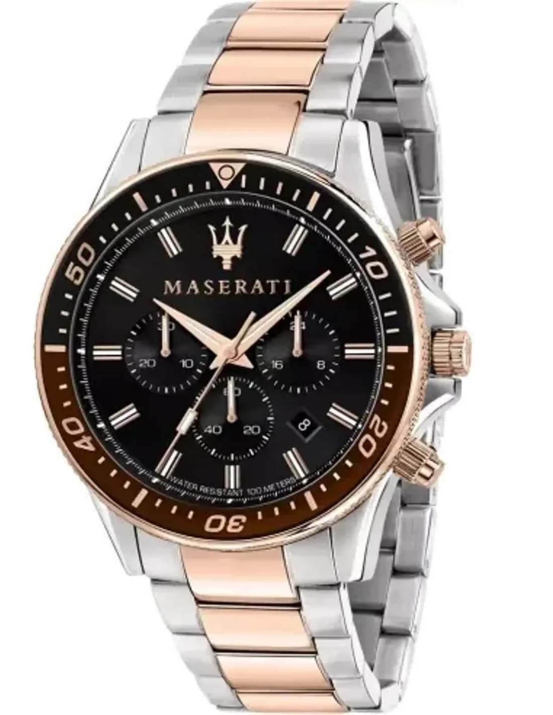 Montre Homme Maserati Sfida R8873640009 - Cadran Noir 44mm, Bracelet Acier Bicolore Argent/Or Rose