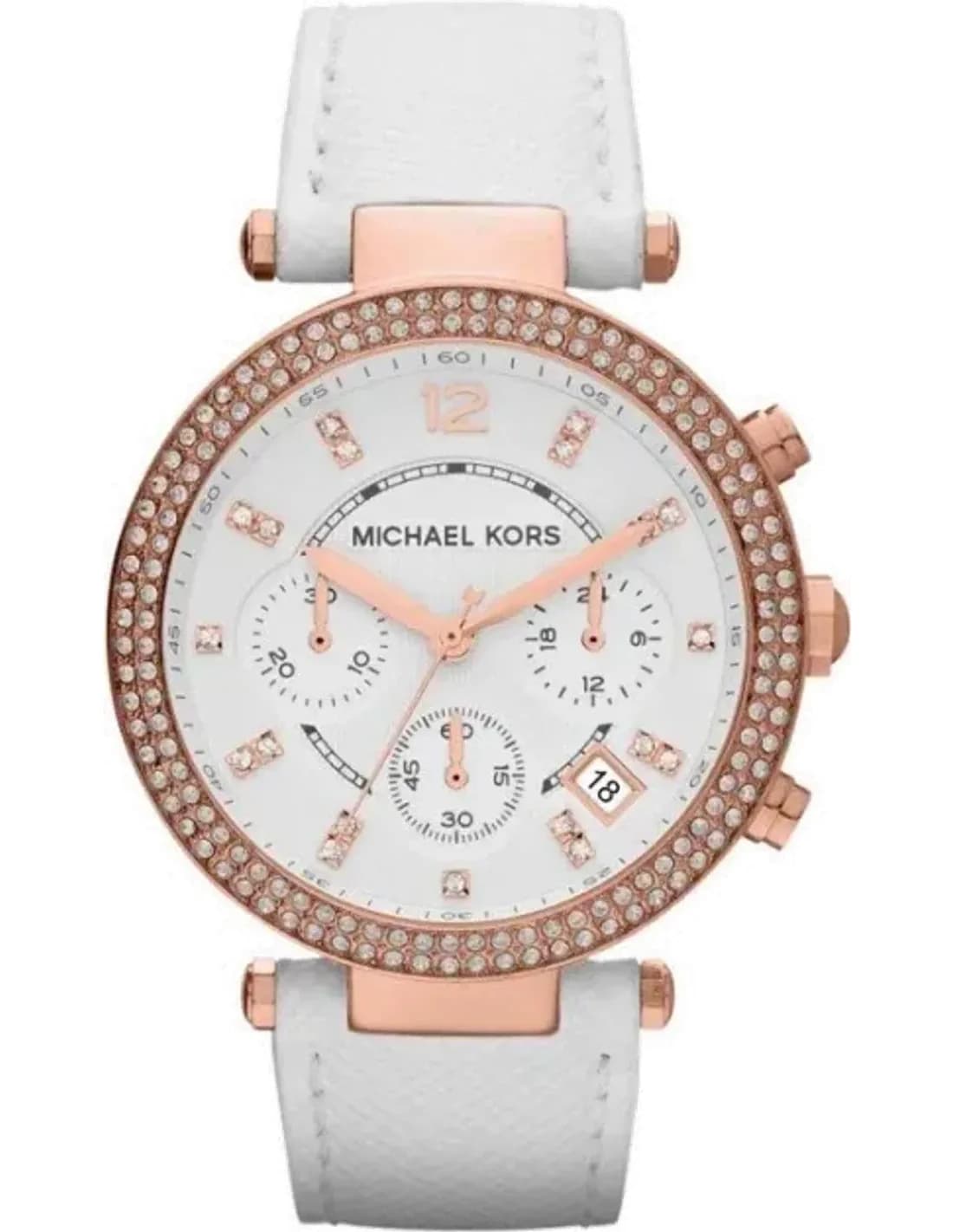 Montre Femme Michael Kors MK2281 Parker - Chronographe Or Rose, Cadran Blanc et Bracelet Cuir Blanc