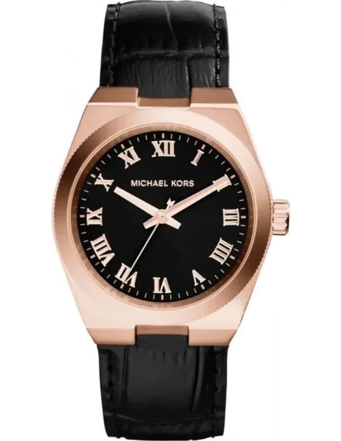 Montre Femme Michael Kors MK2358 - Boîtier Or Rose, Cadran et Bracelet Cuir Noir