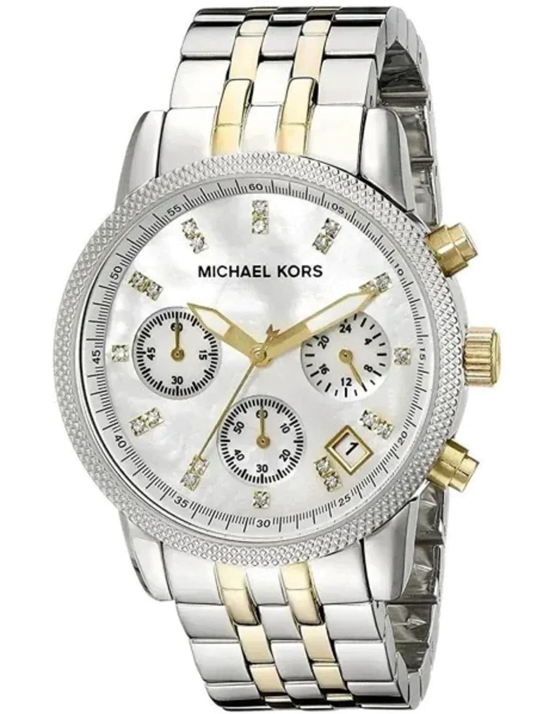 Montre Michael Kors Ritz MK5057 pour Femme - Cadran nacre argenté, bracelet acier bi-ton or et argent, chronomètre