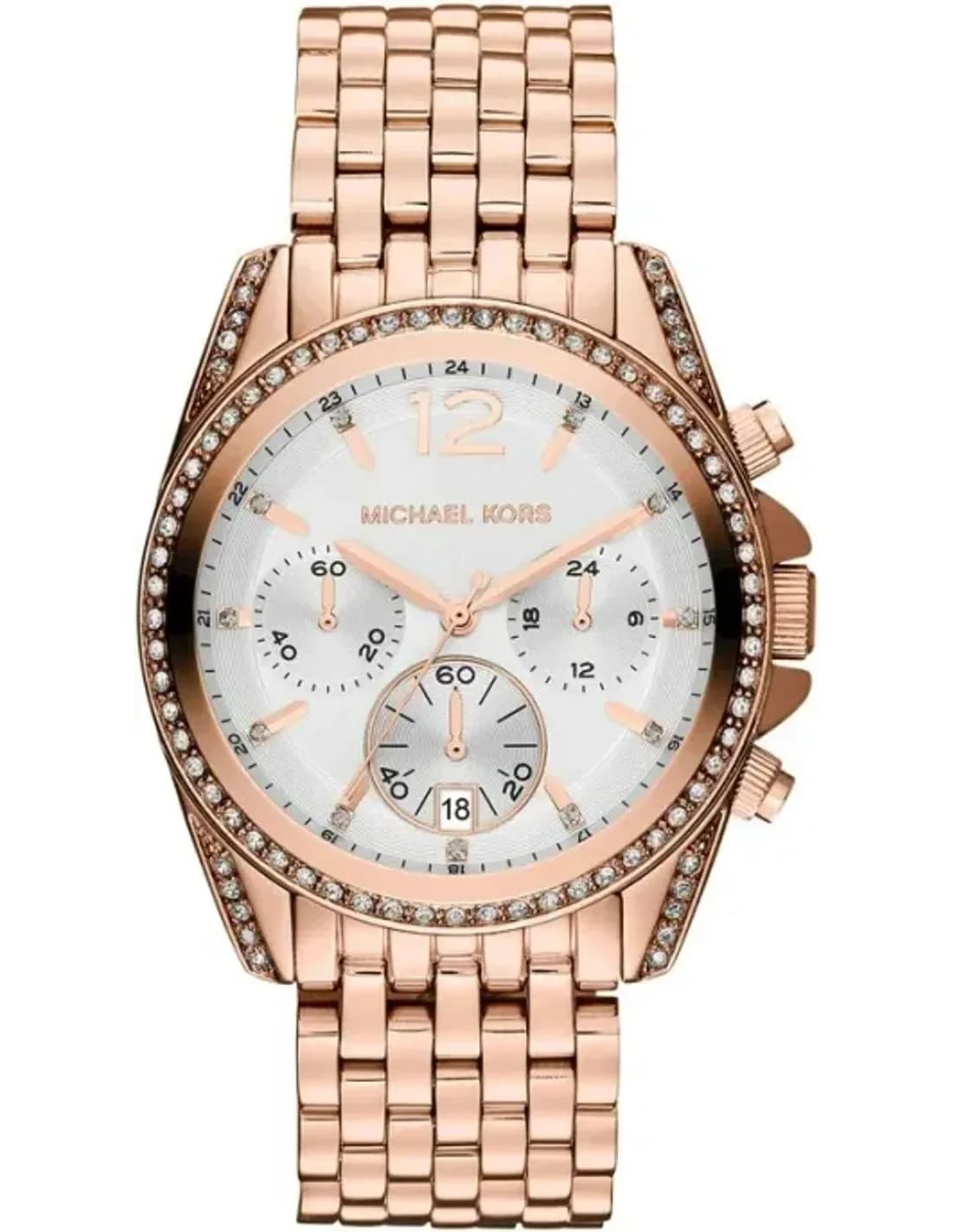 Montre Femme Michael Kors MK5836 - Chronographe Acier Or Rose & Cadran Blanc Serti de Cristaux