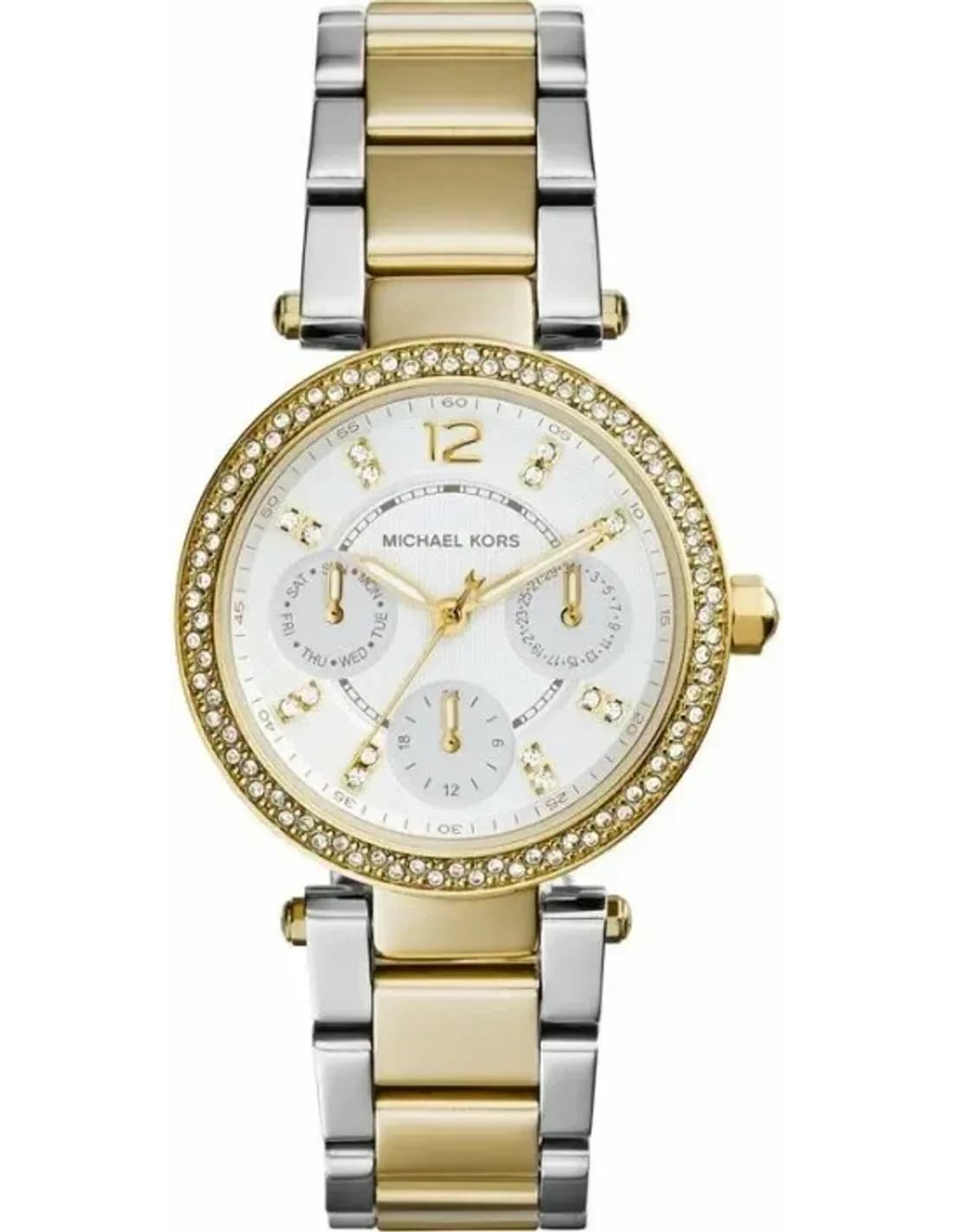 Montre Michael Kors MK6055 Chronographe Femme Bi-ton Acier Argent et Doré avec Cadran Blanc