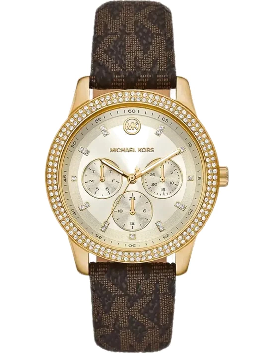 Montre Michael Kors MK6966 Tibby Femme, Cadran Argent, Boîtier Or, Bracelet Cuir Marron