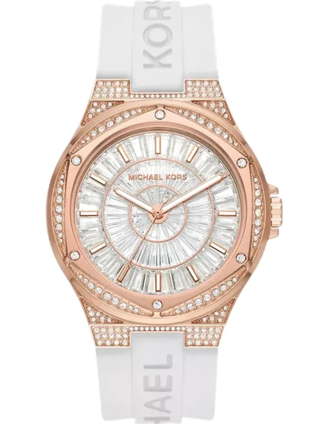 Montre Femme Michael Kors MK7248 Lennox - Boîtier Or Rose 43mm, Cadran Blanc Pavé, Bracelet Silicone Blanc