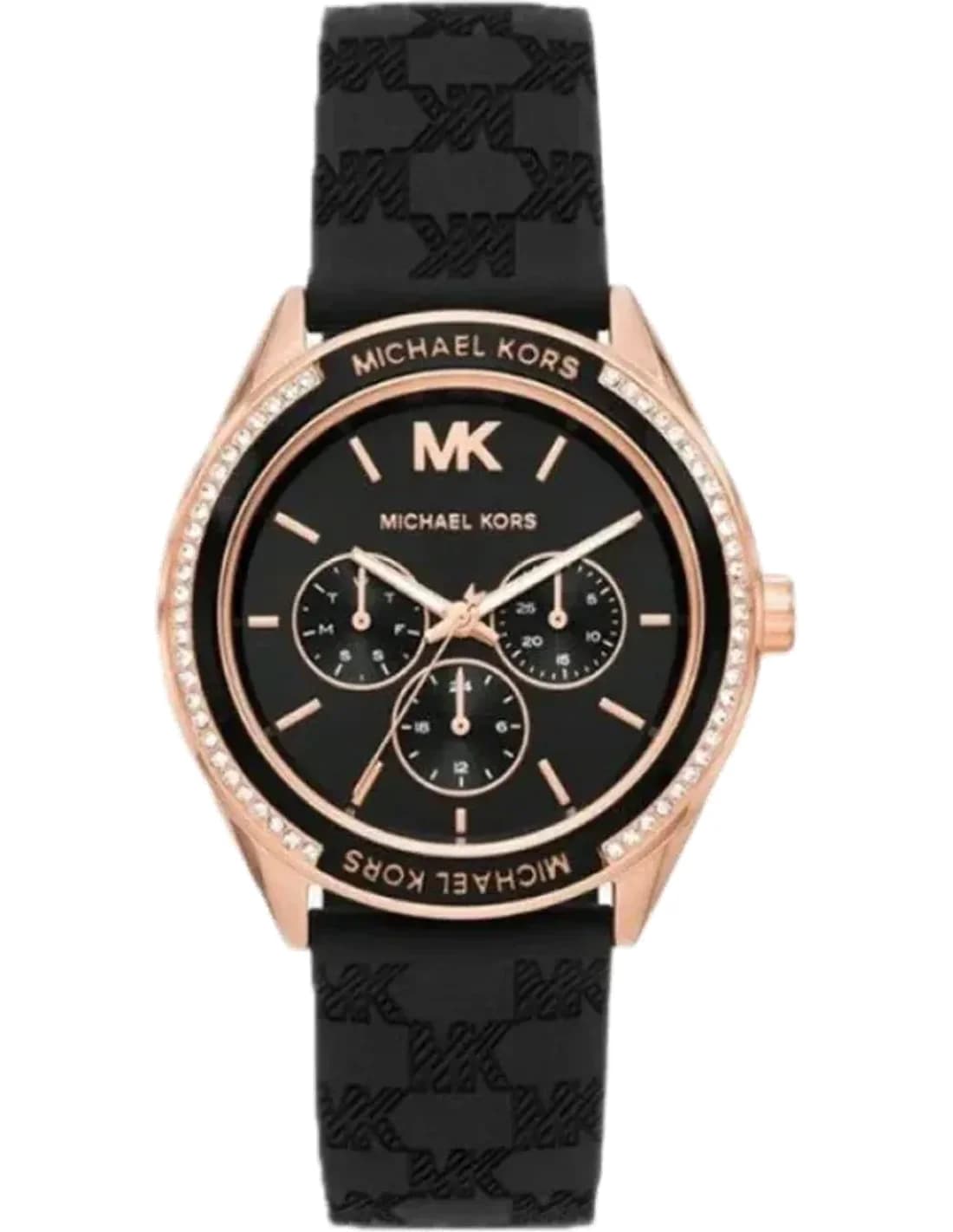 Montre Michael Kors Jessa MK7266 pour Femme, Cadran Noir Multifonction, Bracelet Silicone Noir, Boîtier Or Rose