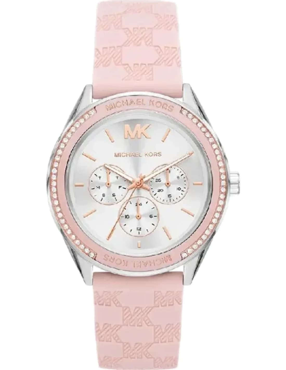 Montre Michael Kors MK7268 Jessa - Cadran argent multifonction, bracelet silicone rose gaufré - Pour femme