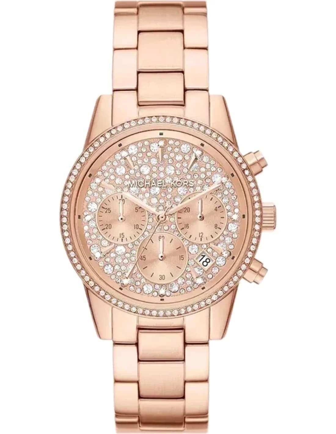 Montre-bracelet Michael Kors Ritz MK7302 pour femme, chronographe en acier or rose à cristaux