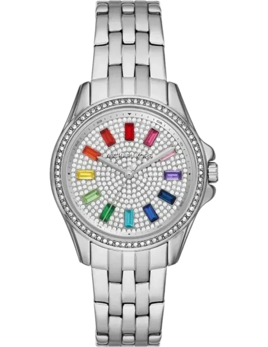 Montre Femme Michael Kors Mini Pilot MK7368 - Cadran pavé arc-en-ciel, bracelet acier argenté