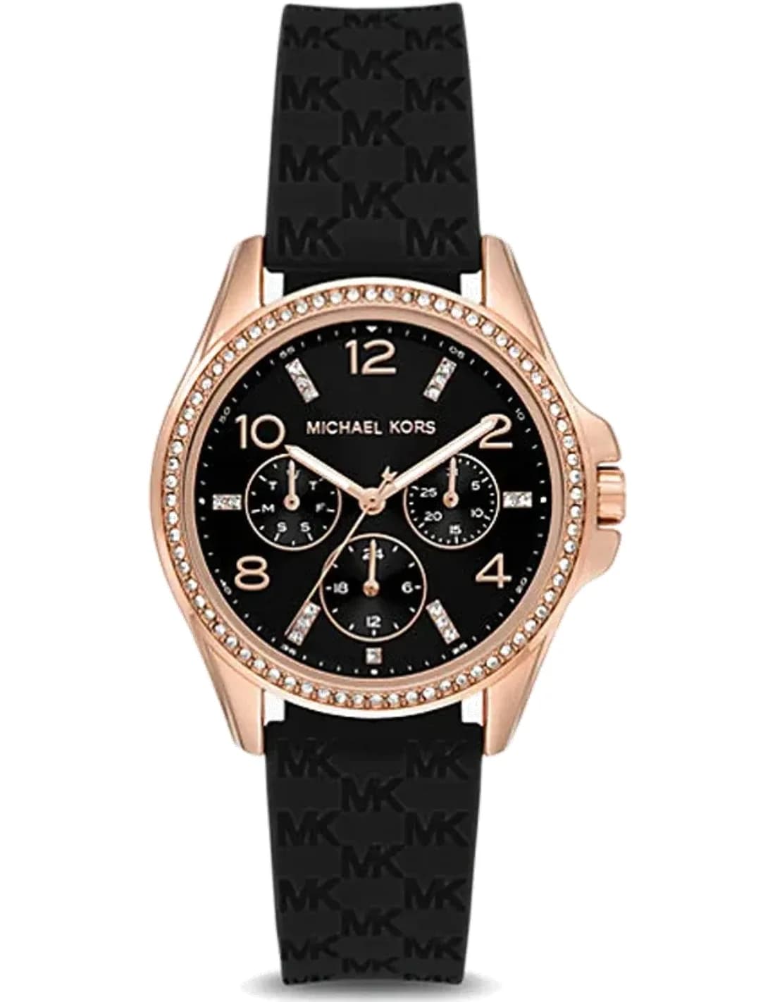 Montre Michael Kors MK7373 Mini Pilot - Chronographe Femme - Cadran Noir, Boîtier Or Rose, Bracelet Silicone Noir