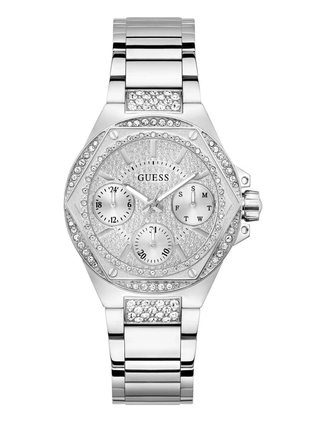 Garde-temps Guess GW0878L1 pour femme, au cadran argenté et bracelet maille acier