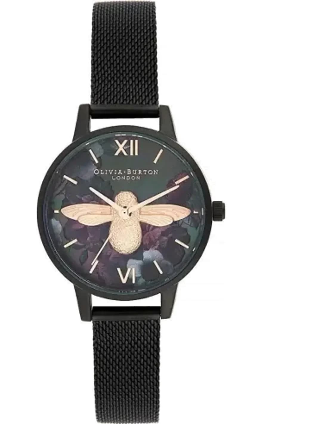 Montre Femme Olivia Burton OB16AD39 Cadran Noir Floral avec Bracelet maille milanaise Noire et Or Rose