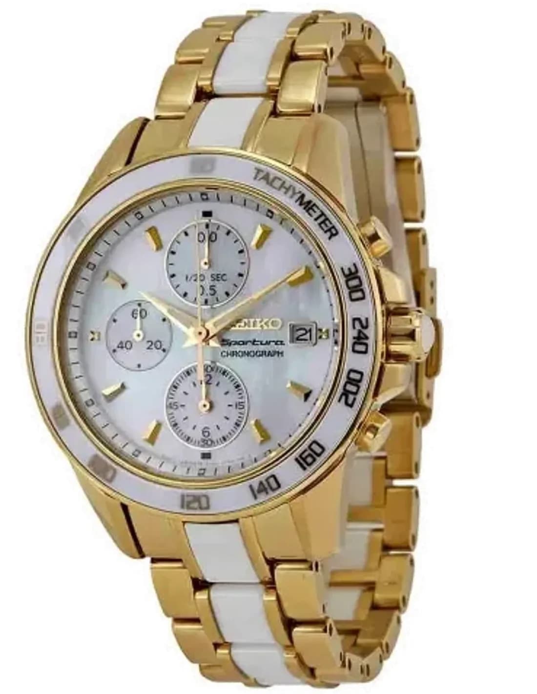 Montre Seiko Sportura SNDX02P1 pour Femme, Boîtier et Bracelet Or, Cadran Blanc avec Tachymètre