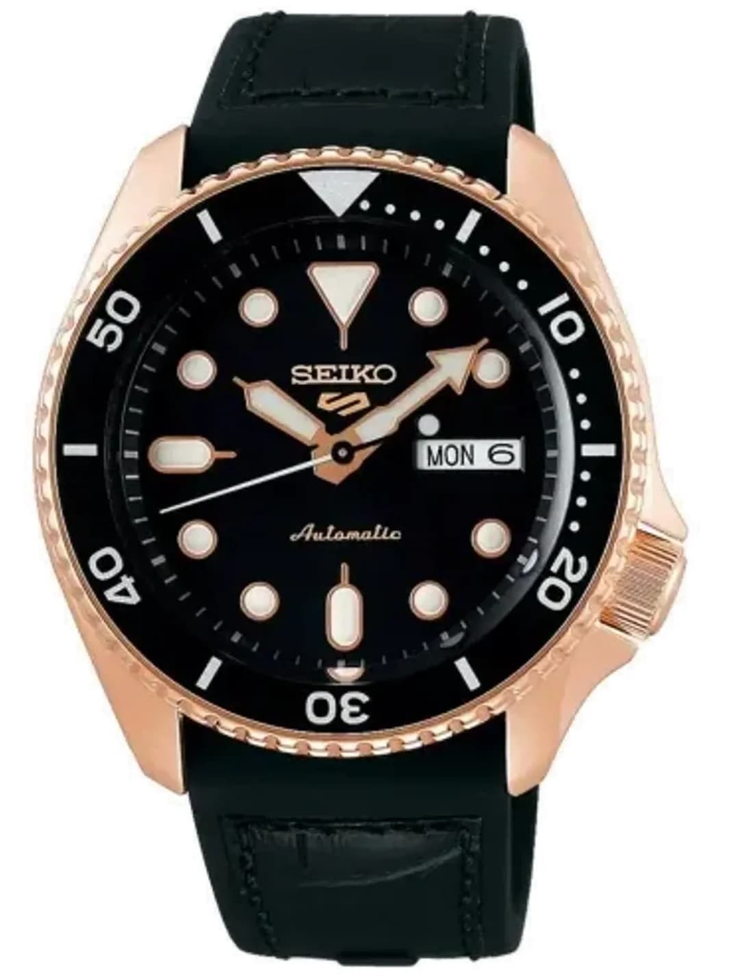 Montre Seiko 5 Sports SRPD76K1 Automatique Homme - Boîtier Or Rose, Cadran Noir, Bracelet Acier