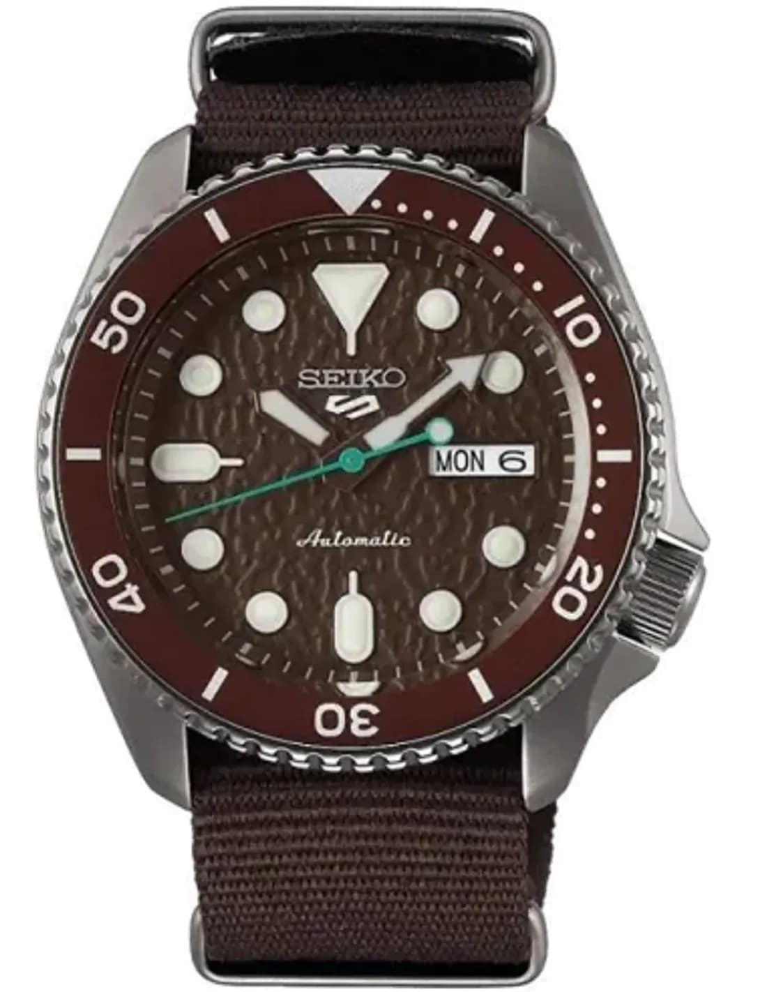 Montre Seiko 5 SRPD85K1 Automatique Homme - Cadran Marron Soleillé, Boîtier Nylon et Bracelet Nylon Kaki