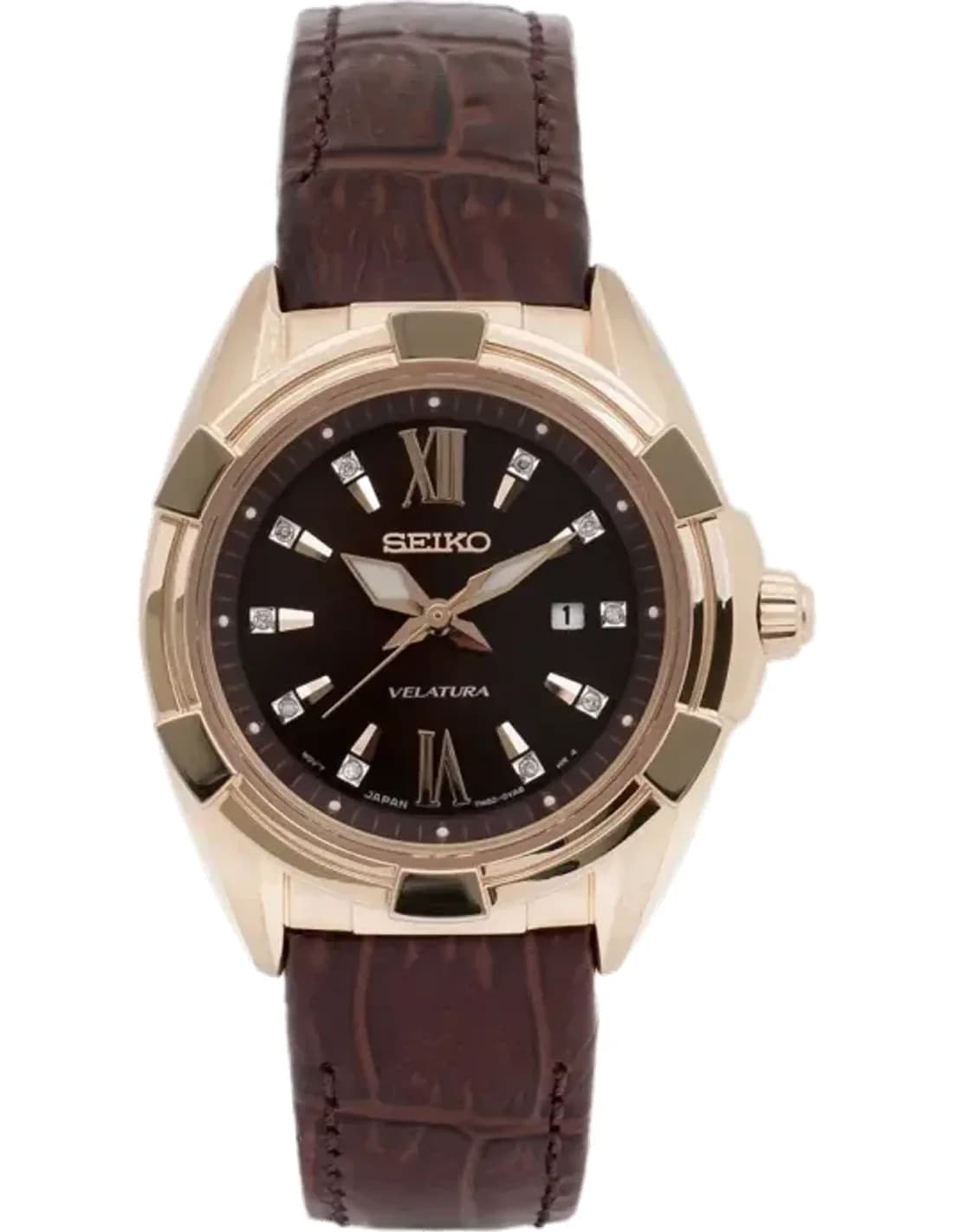 Seiko Velatura SXDG12P1 - Montre Femme Cadran Marron Diamants Bracelet Cuir