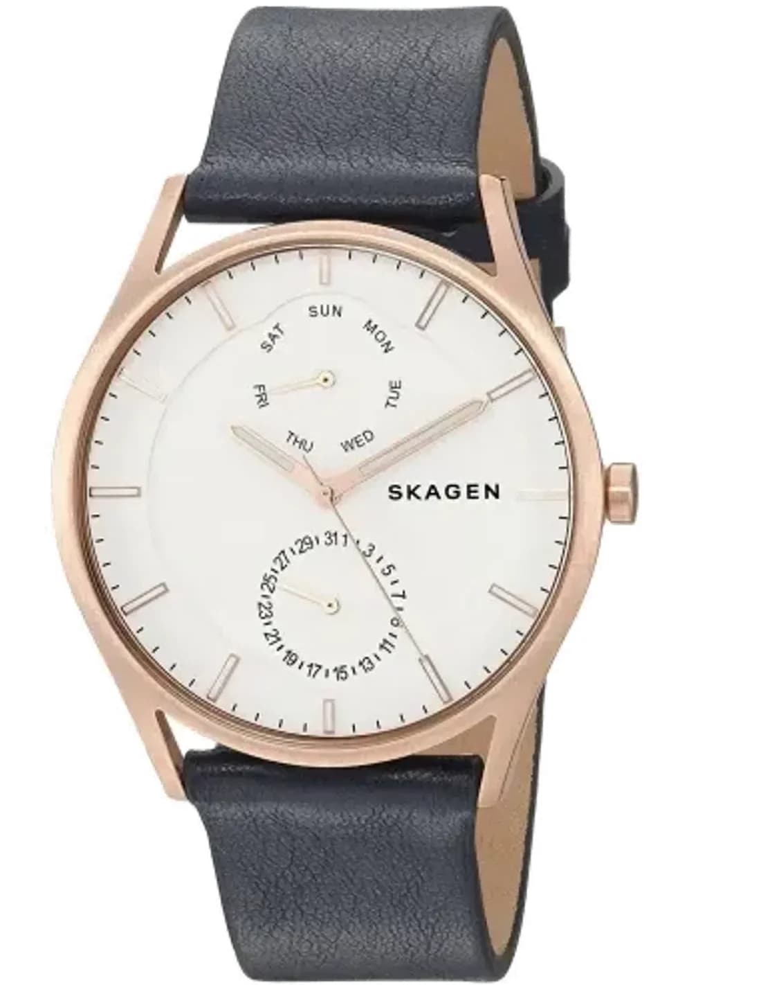 Montre Skagen Signatur SKW6372 Homme, Cadran Blanc, Boîtier Or Rose, Bracelet Cuir Noir