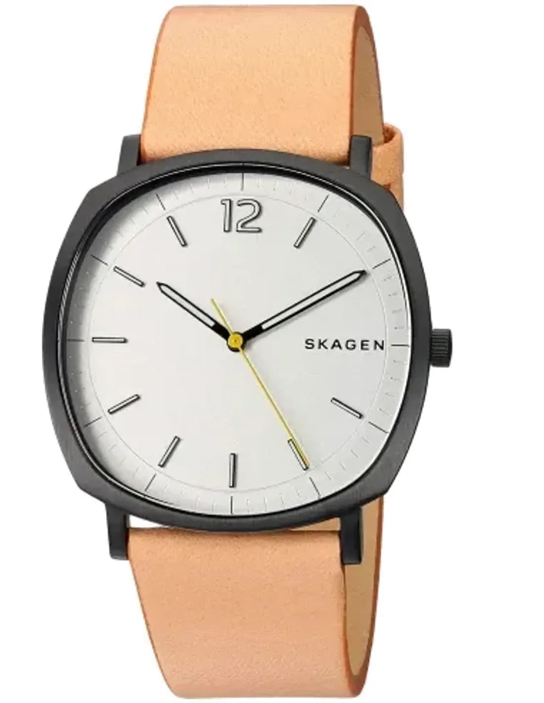Montre Homme Skagen SKW6379 - Boîtier Coussin Noir, Cadran Blanc, Bracelet Cuir Marron