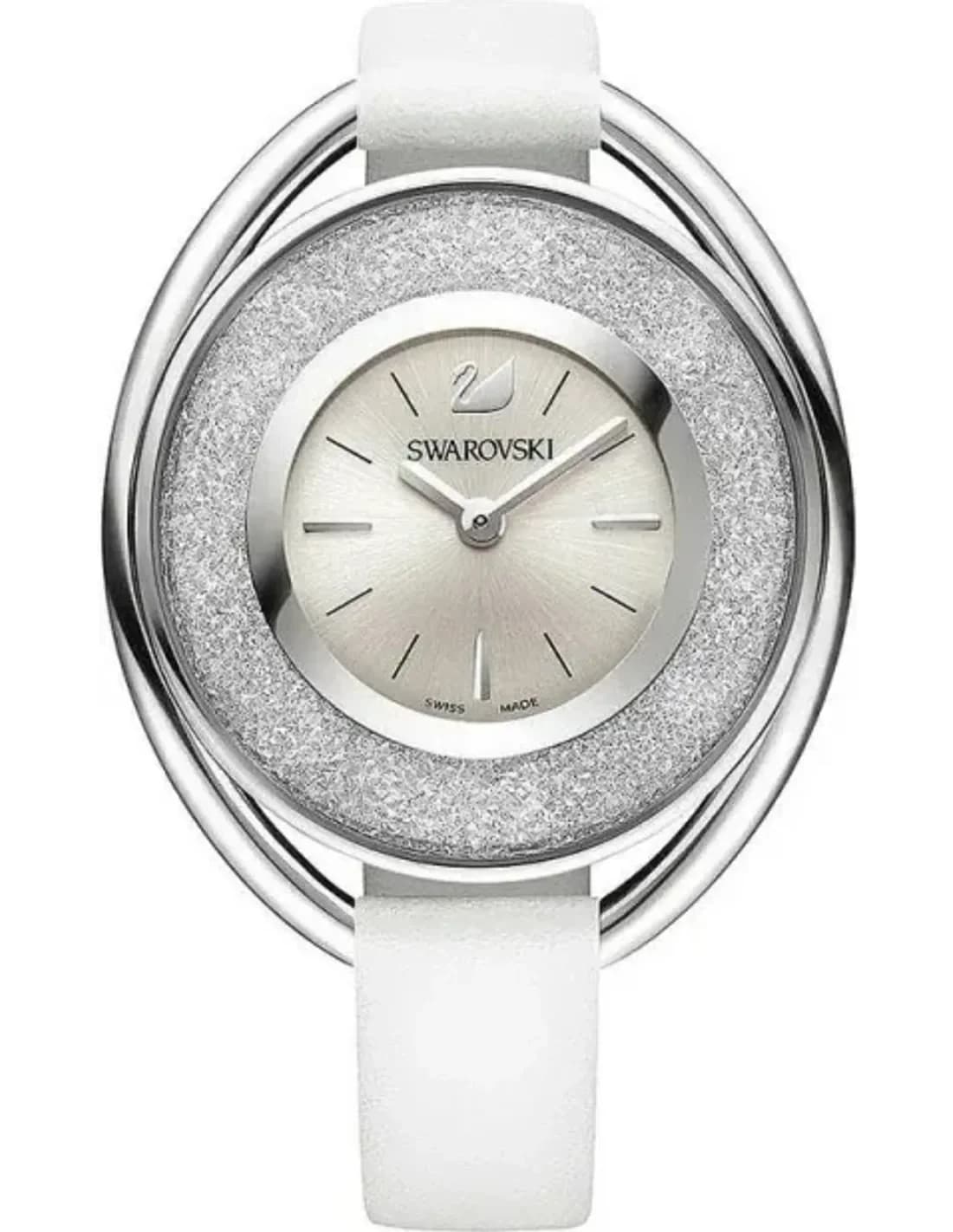 Montre Femme Swarovski Crystalline Oval 5158548 Cadran Argent Cristaux Bracelet Cuir Blanc