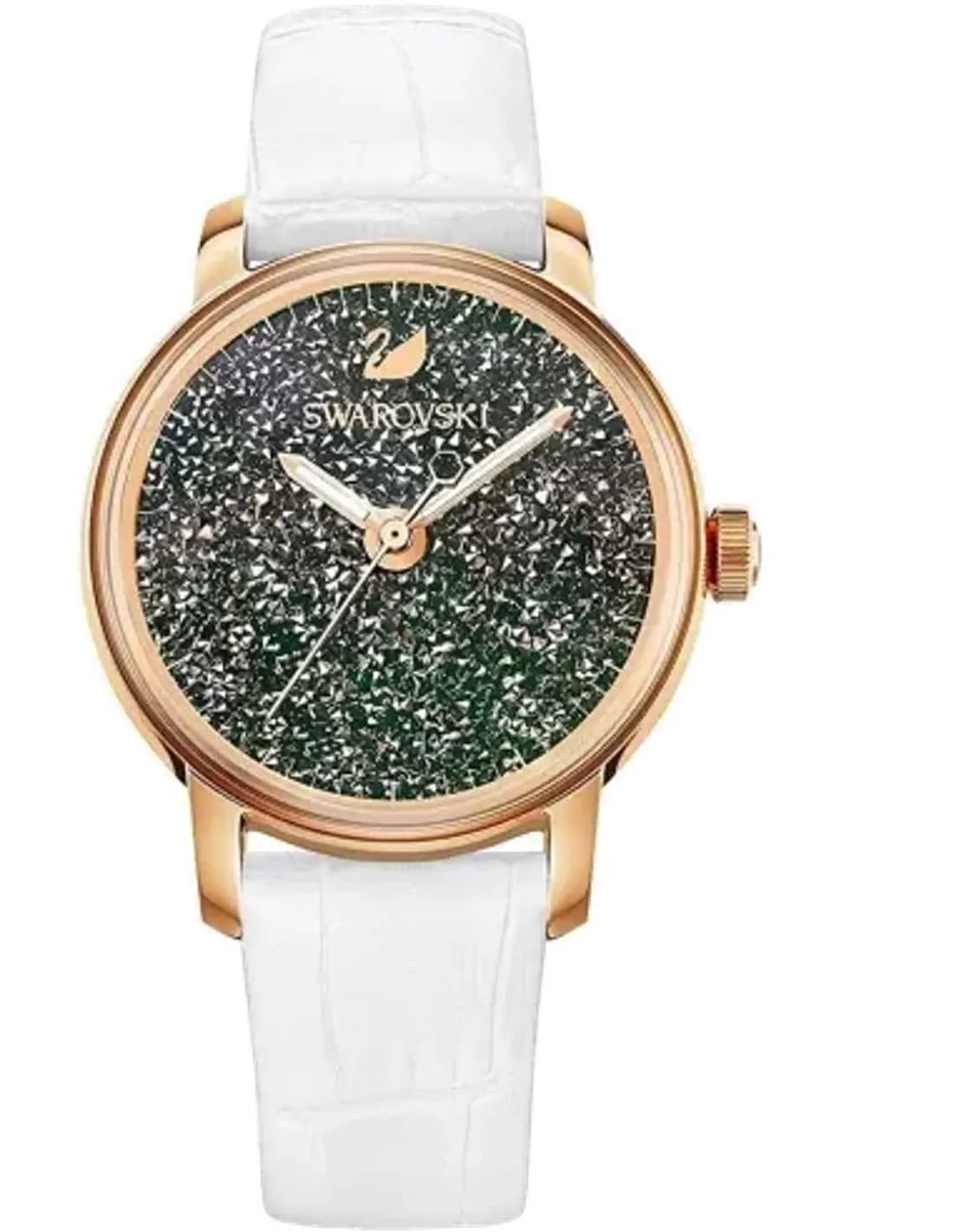 Montre Femme Swarovski Crystalline 5344635, Cadran Vert, Boîtier Or Rose, Bracelet Cuir Blanc