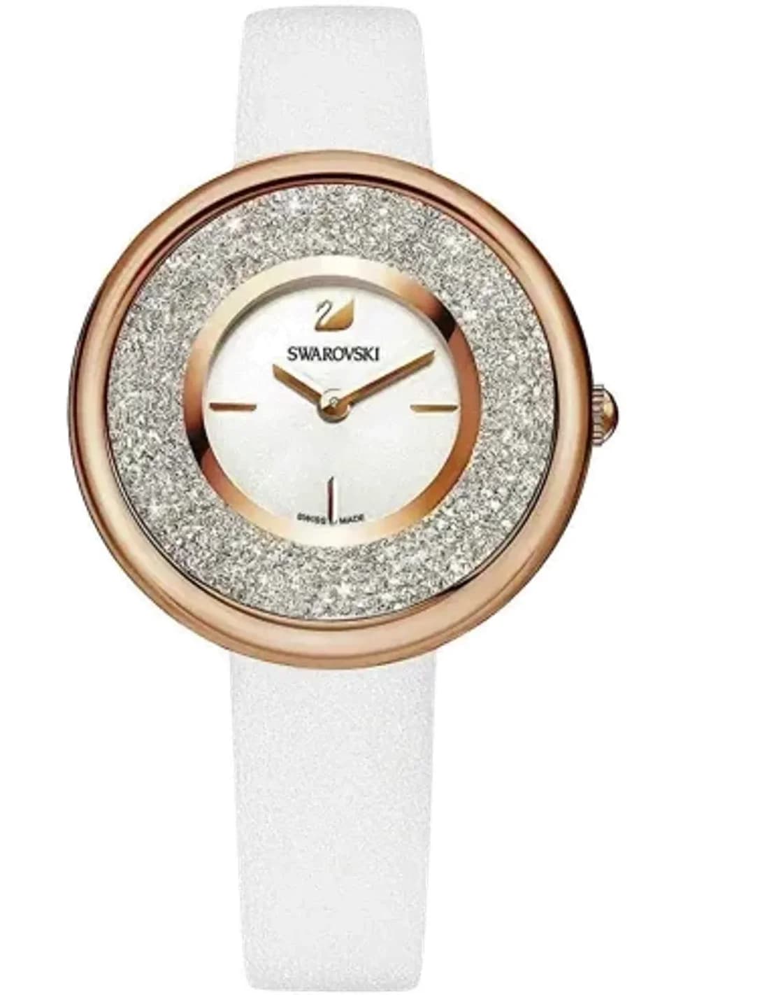 Montre Femme Swarovski Crystalline Pure 5376083 - Cadran Argenté, Boîtier Or Rose, Bracelet Cuir Blanc