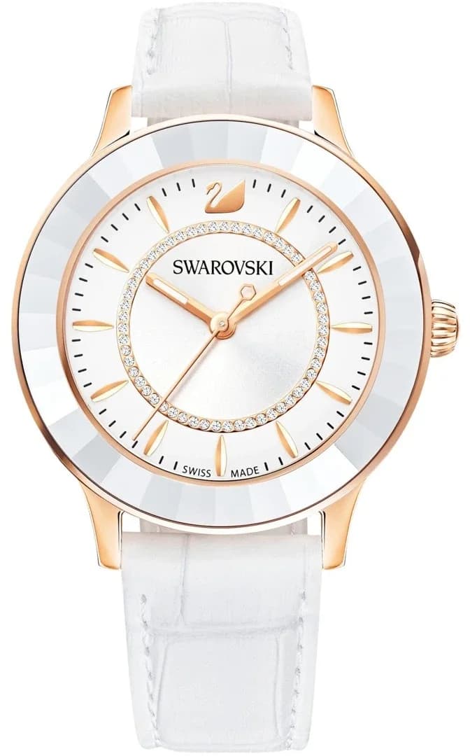 Montre Femme Swarovski Octea Lux 5414416 Cadran Blanc Boîtier Or Rose Bracelet Cuir