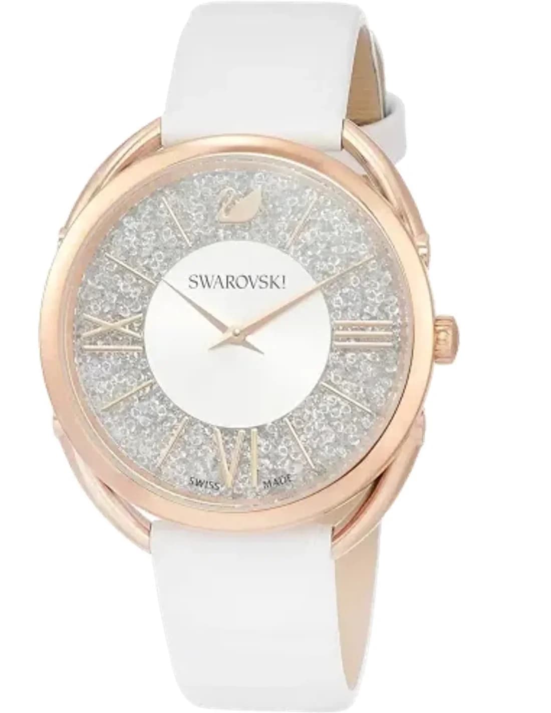 Montre Femme Swarovski 5452459 Crystalline Glam, Cadran Argent Cristaux, Bracelet Cuir Blanc