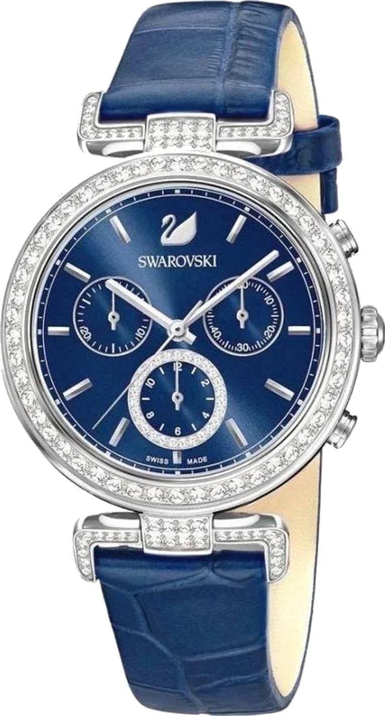 Montre Femme Swarovski 5479239 Chronographe Cadran Bleu Cristaux Bracelet Cuir