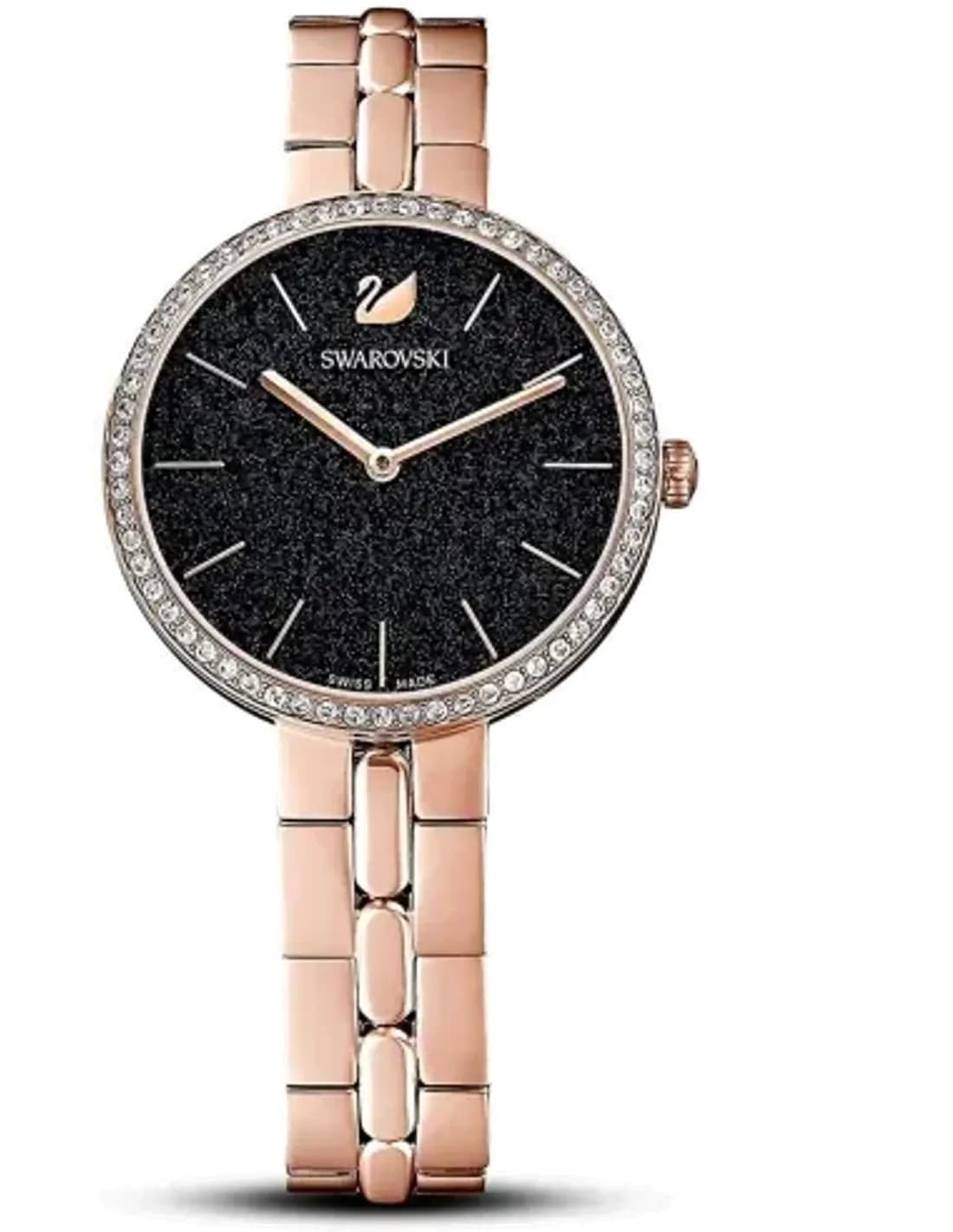 Montre Femme Swarovski Cosmopolitan 5517797 Cadran Noir Poudre Diamants Bracelet Or Rose