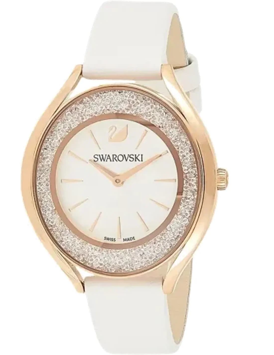 Montre Femme Swarovski Crystalline Aura 5519453, cadran argent, boîtier or rose, bracelet cuir blanc